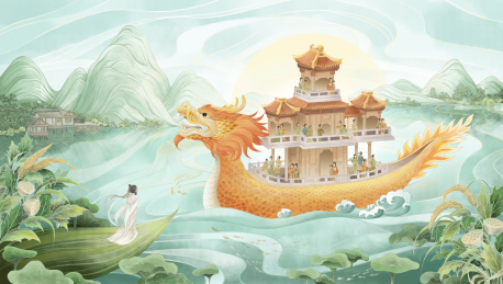 端午龙舟游湖海报插画