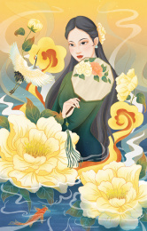 拿扇女孩牡丹花丛国潮插画
