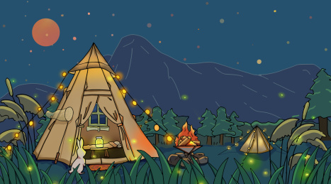 晚上夏天露营帐篷篝火萤火虫