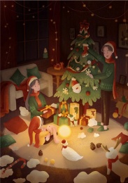 一家三口过圣诞节和元旦节插画