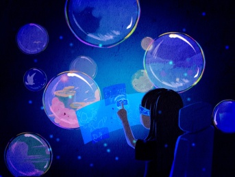 小女孩在虚拟世界玩耍质感插画