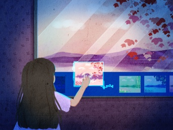 小女孩在虚拟世界玩耍质感插画