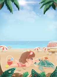 夏日海滩之女孩与海龟