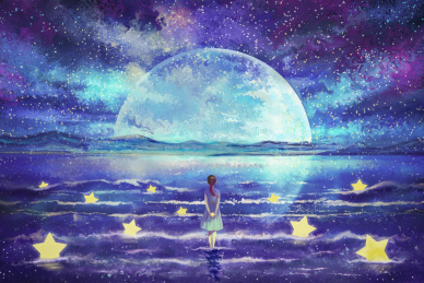 少女面朝洒满繁星的大海捡星星插画壁纸