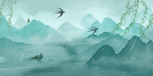 水墨国风清明节气水彩场景