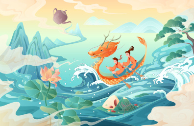 端午节划龙舟中国风矢量插画