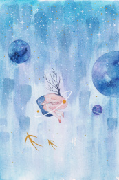 蓝色忧郁女孩星空图