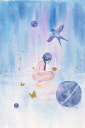 蓝色忧郁女孩星空图