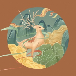 复古中国风岩彩敦煌神鹿插画