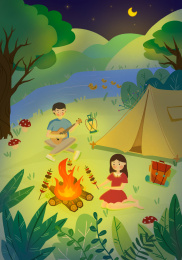 两个青年男女户外野餐露营玩耍