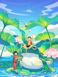 立夏夏至夏天动物和人物创意组合国风插画