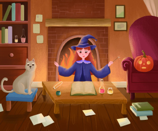 女巫在城堡里学习魔法，儿童插画
