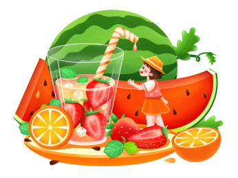 夏季水果果汁拼盘与女孩元素