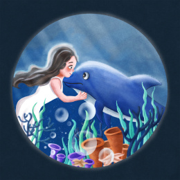 世界海洋日之小女孩在海洋里亲吻海豚