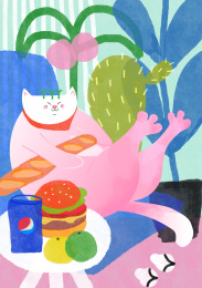 一只粉色大肥猫宅家吃喝