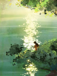 长发少女在树枝上观看波光粼粼的湖面