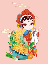京剧姑娘重庆小面麻辣手绘插画