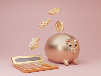 3D金色计算器和金色存钱罐理财素材