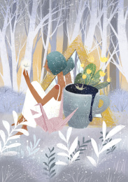 白色连衣裙的少女和她的千纸鹤在梦幻森林里