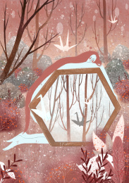 梦幻森林里长头发的少女趴在镜子上闭着眼睛