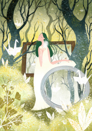 绿色头发白色连衣裙的少女在森林里闭着眼睛