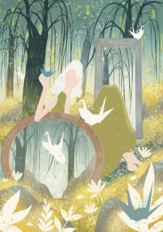 梦幻的森林里白头发绿裙子的少女和她的千纸