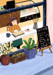 板绘女孩在咖啡店观赏窗外下雪插画