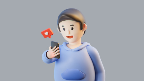 3D男孩看手机消息提醒点赞