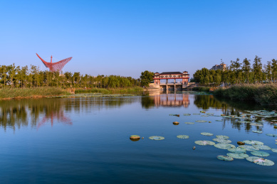 中国安徽宿州三角洲生态公园的湿地道路栈桥