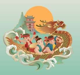 端午节国潮风在青绿色湖面上多人划龙舟