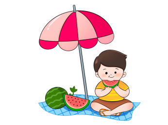 立夏夏天儿童吃西瓜男孩蓝色地毯太阳伞吃