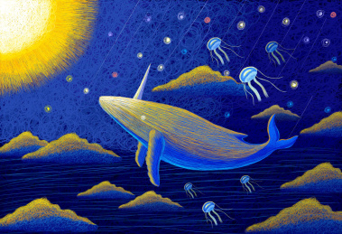 唯美梦幻鲸鱼水母海洋线圈手绘插画