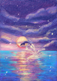 日落的海上有一只跳跃的海豚