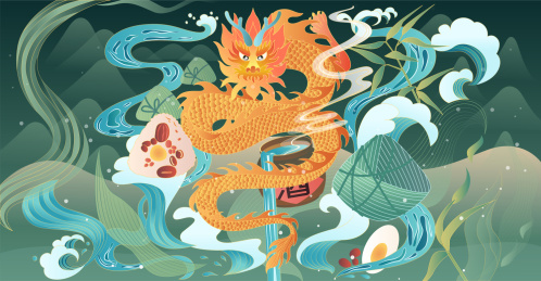 飞龙绕着粽子红枣咸鸭蛋纪念端午佳节