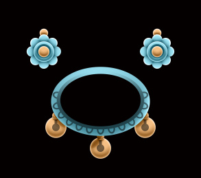 金色及蓝色的珠宝之花瓣耳坠和铃铛项链