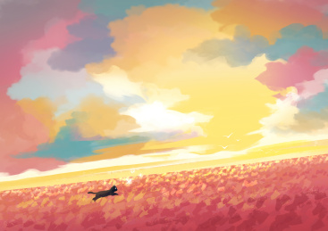 粉红花海黄昏风景彩色云和捕蝴蝶的小黑猫