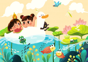 两个女孩坐在大白鸭游泳圈上嬉水