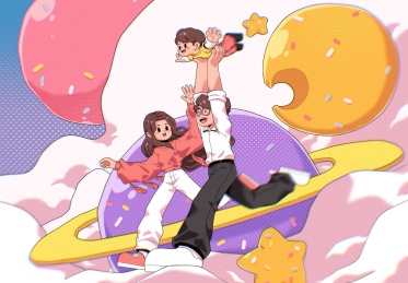 幸福快乐的一家在云中奔跑