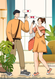 情侣约会发信息扁平矢量插画