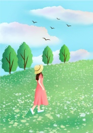 穿红裙子的女孩走在草坪上看着远处的云