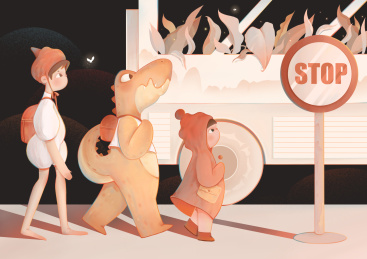 三个小朋友在站台排队上车