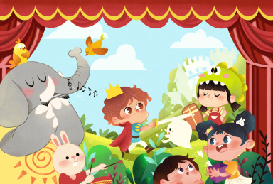 小朋友和小动物在表演舞台剧