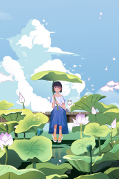夏天女孩在池塘玩耍画面