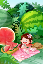 坐在西瓜地里的粉衣吃瓜女孩