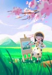 樱花小女孩画画