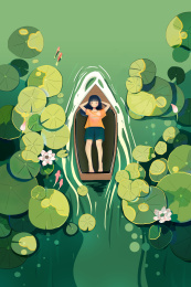 夏天女孩在池塘悠闲乘凉