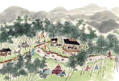 手绘水墨插画中国画曲水流觞