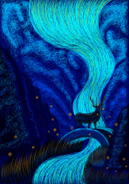 小桥小鹿流淌星河线圈插画