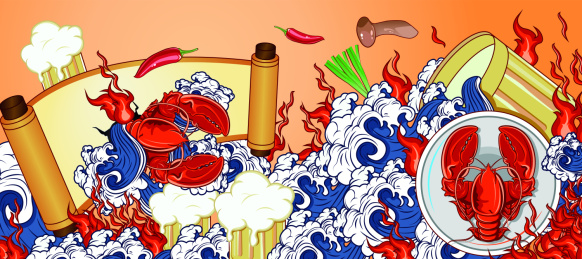 龙虾搭配啤酒的插画