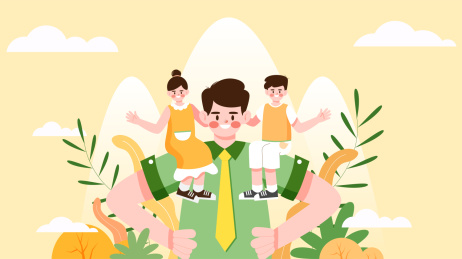 父亲用肩膀撑起两个孩子的扁平矢量插画